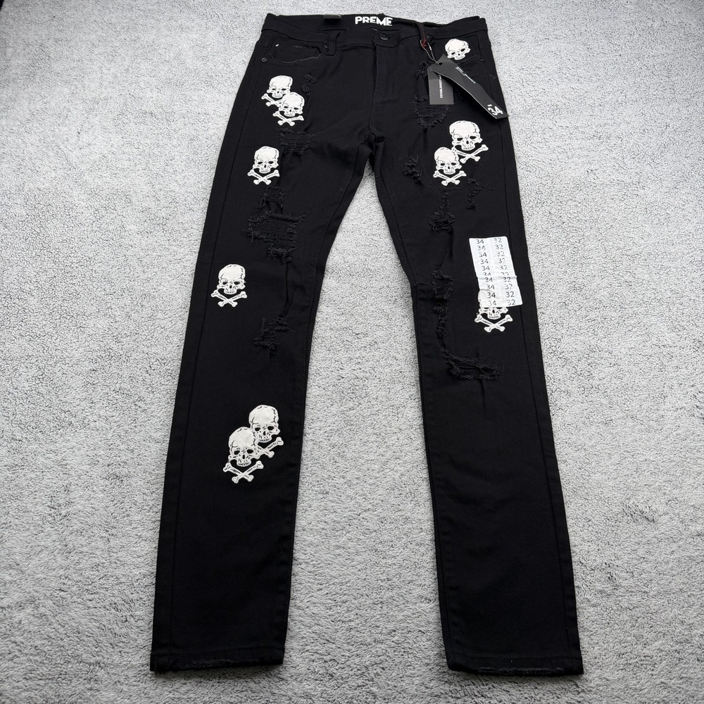 PREME Jeans Mens 34x33 Black Distressed Slim Fit Stretch Skull Bones Poison